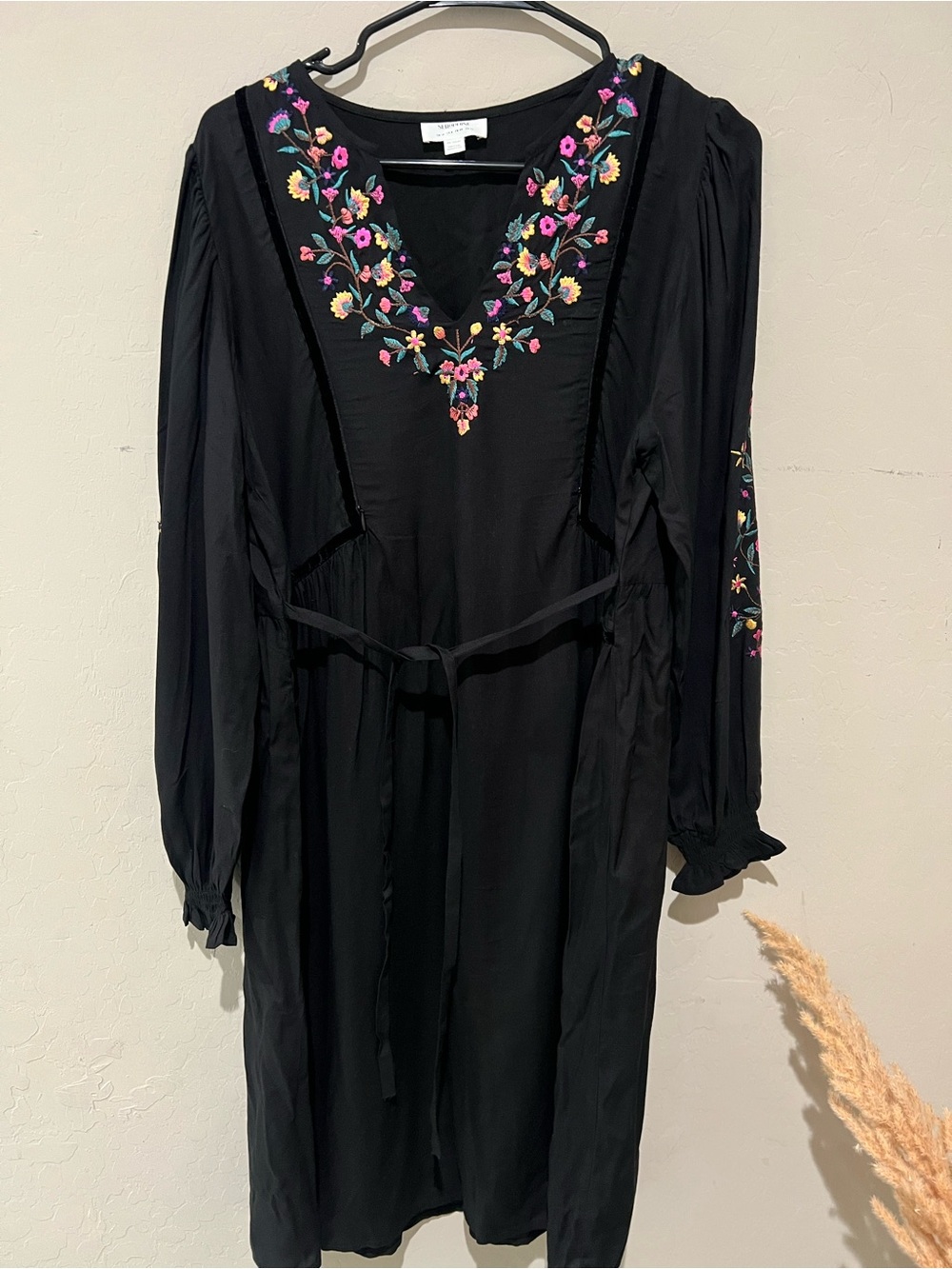 Seraphine Black Long-Sleeve Embroidered V-Neck Dress